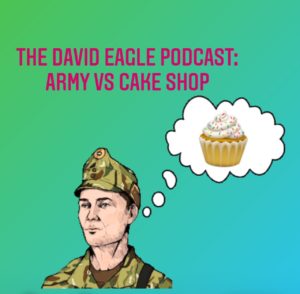 A cartoon soldier thinking about cake and the podcast's episode title.