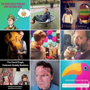 A collage of nine pictures, representing Army vs cake shop, Christian Dubstep, Paul Silky White, David in a park and in the studio, Phil Nichol, Ellie and David recording the podcast, Boff with blood on his head (not our fault) and a cartoon bird for Songbird Smackdown,